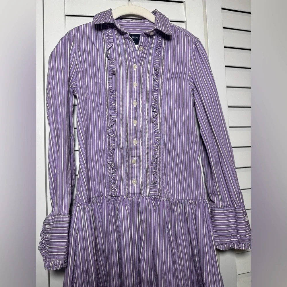 Ralph Lauren Kids Purple & White Striped Button Down Ruffle Dress Size 7